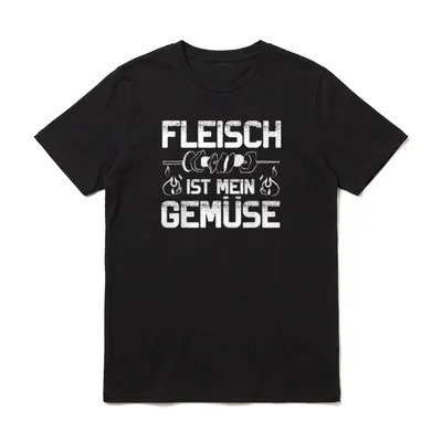 Fleisch Ist Mein Gemüse T-Shirt – Schriftzug Fleisch ist mein Gemüse mit Spieß und Flammen – Klassisches T-Shirt in Schwarz