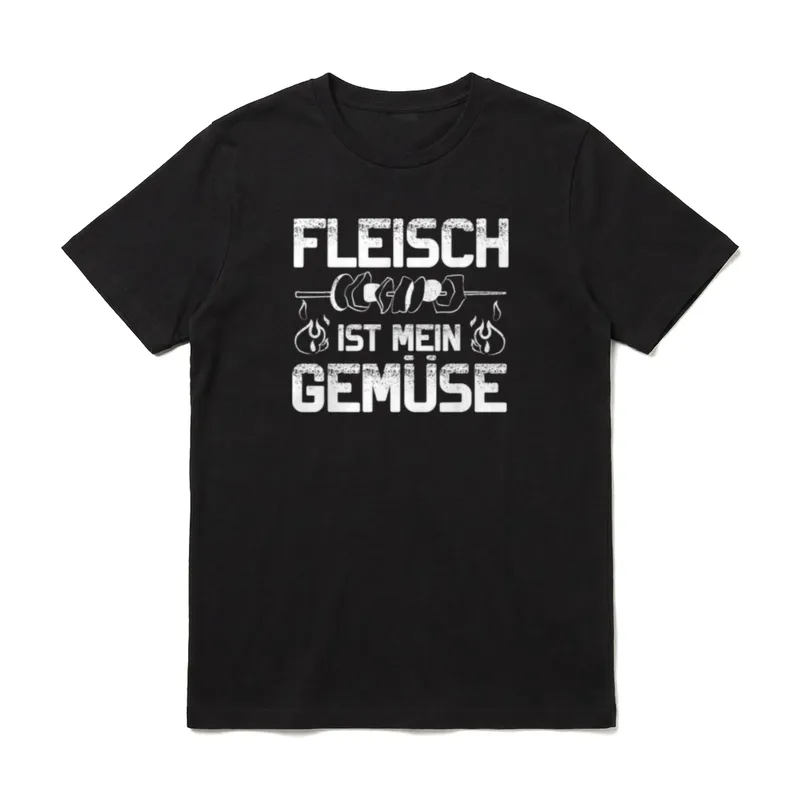 Fleisch Ist Mein Gemüse T-Shirt – Schriftzug Fleisch ist mein Gemüse mit Spieß und Flammen – Klassisches T-Shirt in Schwarz