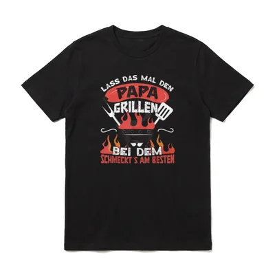 Grillen Grillmeister Papa T-Shirt – Papa Grillen Wurst Flammen Grillgitter Schriftzug – Klassisches T-Shirt in Schwarz