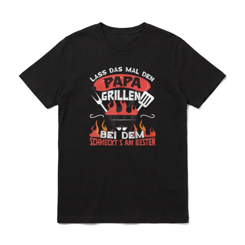 Grillen Grillmeister Papa T-Shirt – Papa Grillen Wurst Flammen Grillgitter Schriftzug – Klassisches T-Shirt in Schwarz
