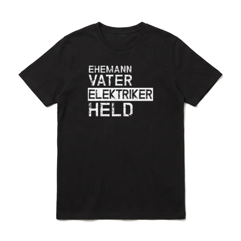Ehemann Vater Held Lustiges T-Shirt – Schriftzug EHEMANN VATER ELEKTRIKER HELD in Versalien – Klassisches T-Shirt in Schwarz