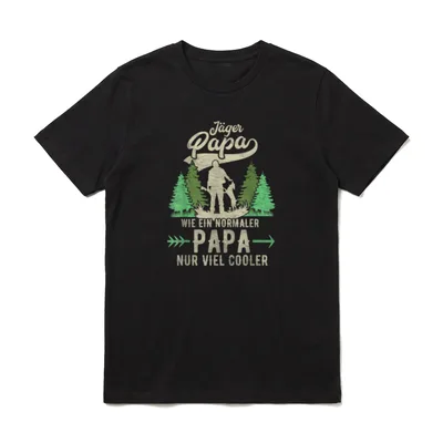 Jagd T-Shirt lustig – Jäger mit Hund vor Tannen, Spruch „Jäger Papa, nur viel cooler“ – Klassisches T-Shirt in Schwarz
