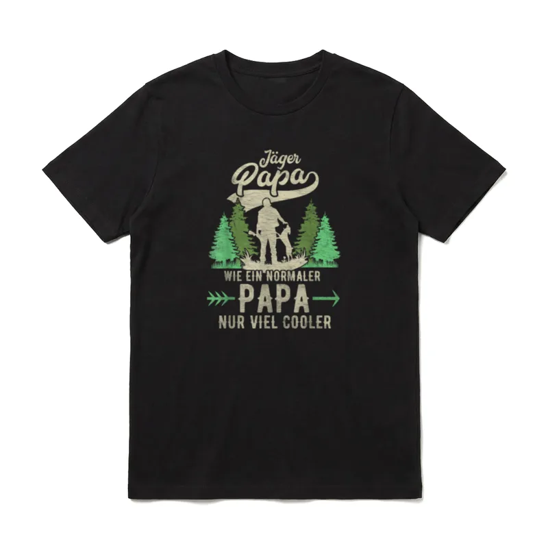 Jagd T-Shirt lustig – Jäger mit Hund vor Tannen, Spruch „Jäger Papa, nur viel cooler“ – Klassisches T-Shirt in Schwarz