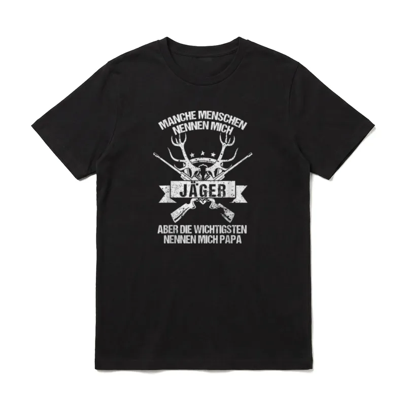 Beste Jäger Papa Spruch T-Shirt – Spruch Jäger Papa mit Gewehren und Geweih im Vintage-Look – Klassisches T-Shirt in Schwarz