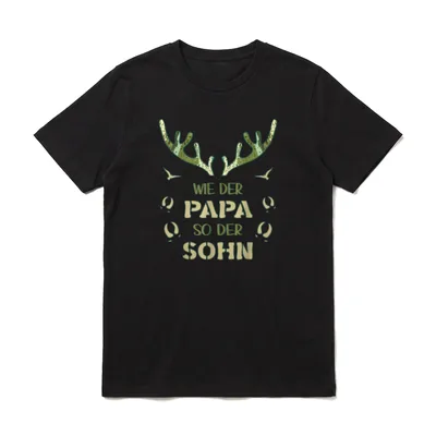 Jäger Wie der Papa T-Shirt – Geweih, Vögel, Wildspuren, Spruch „Wie der Papa so der Sohn“ – Klassisches T-Shirt in Schwarz