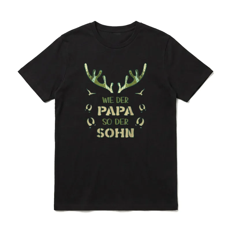 Jäger Wie der Papa T-Shirt – Geweih, Vögel, Wildspuren, Spruch „Wie der Papa so der Sohn“ – Klassisches T-Shirt in Schwarz
