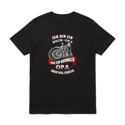 Biker Opa T-Shirt – Grauer Opa auf Motorrad mit rotem Banner und weißem Schriftzug – Klassisches T-Shirt in Schwarz