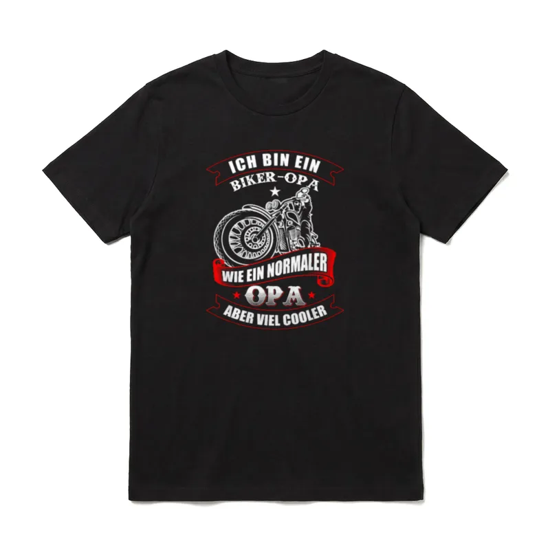 Biker Opa T-Shirt – Grauer Opa auf Motorrad mit rotem Banner und weißem Schriftzug – Klassisches T-Shirt in Schwarz