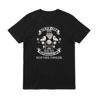 Biker Opa Motorrad T-Shirt – Bärtiger Opa mit Sonnenbrille auf Motorrad, Banner-Spruch – Klassisches T-Shirt in Schwarz