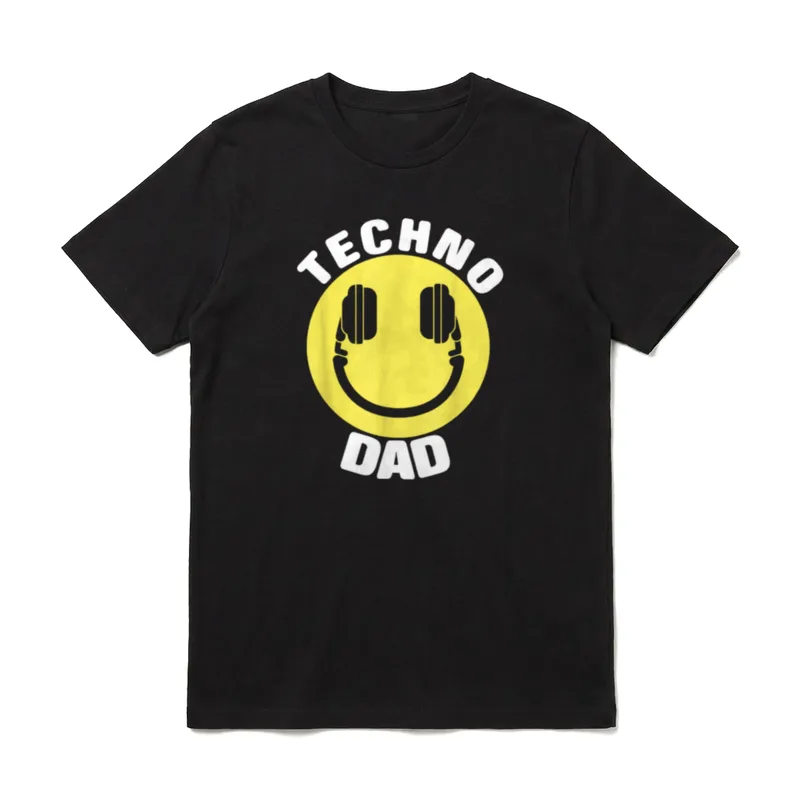 DJ Musikliebhaber Techno Dad T-Shirt – Gelbes Smiley mit grauem Headset und Text TECHNO DAD – Klassisches T-Shirt in Schwarz