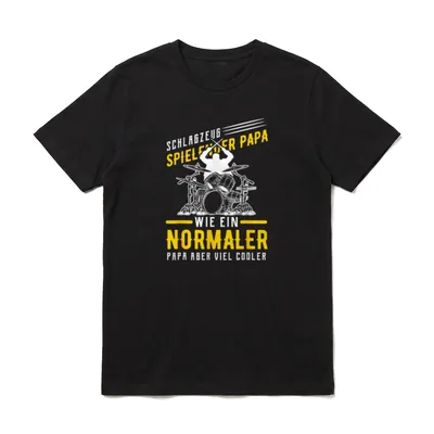 Schlagzeug Papa Wie T-Shirt – Drummer-Papa Silhouette mit Schlagzeug und gelb-weißer Schrift – Klassisches T-Shirt in Schwarz