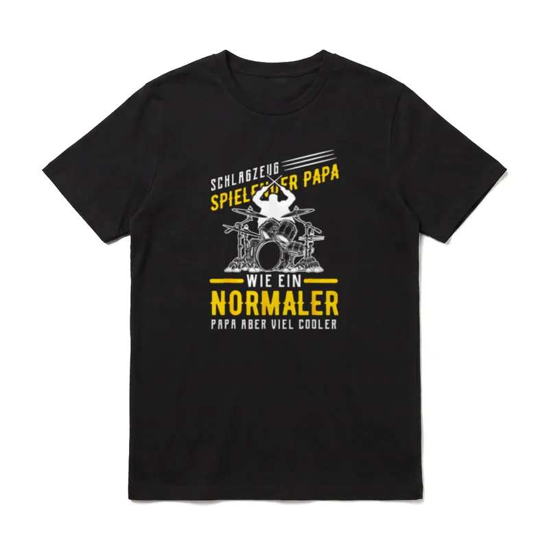 Schlagzeug Papa Wie T-Shirt – Drummer-Papa Silhouette mit Schlagzeug und gelb-weißer Schrift – Klassisches T-Shirt in Schwarz