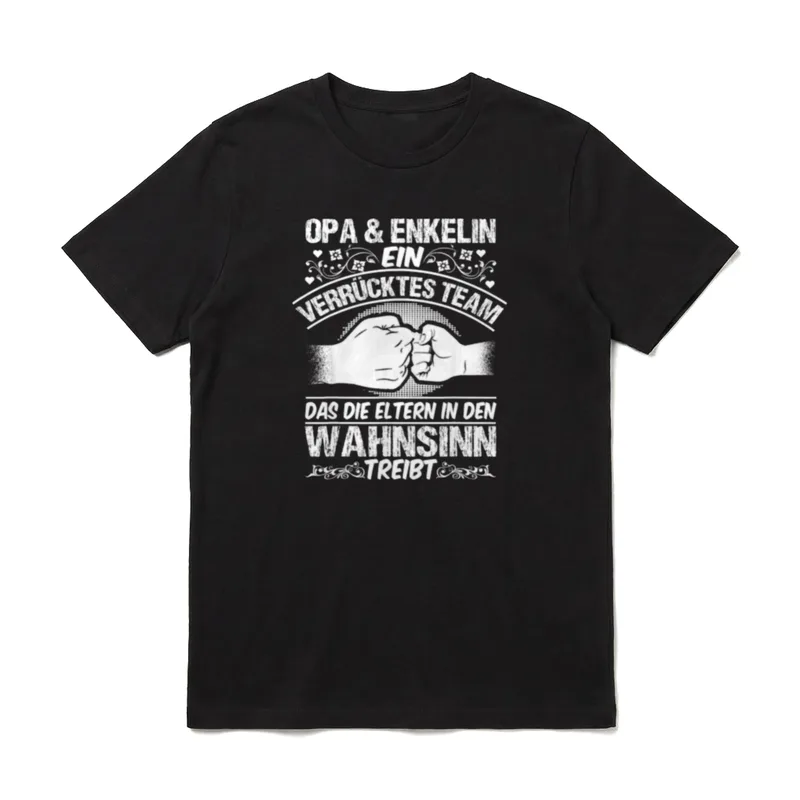 Enkelin & Opa Spruch T-Shirt – Faustgruß mit Spruch „Opa & Enkelin ein verrücktes Team“ – Klassisches T-Shirt in Schwarz