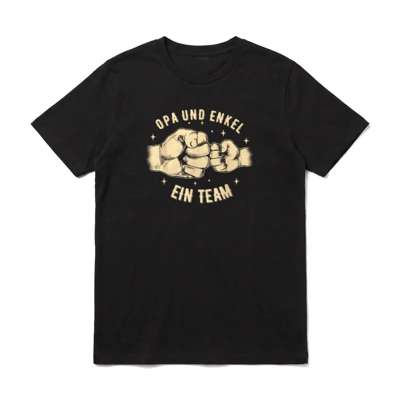 Opa und Enkel Motiv T-Shirt – Zwei Fäuste, Sterne, Schriftzug „Opa und Enkel – ein Team“ – Klassisches T-Shirt in Schwarz