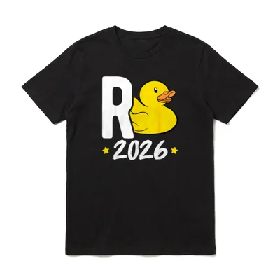 Rente 2026 Ente Entchen T-Shirt – Weißes „R“, gelbe Ente, „2026“ und zwei Sterne – Klassisches T-Shirt in Schwarz