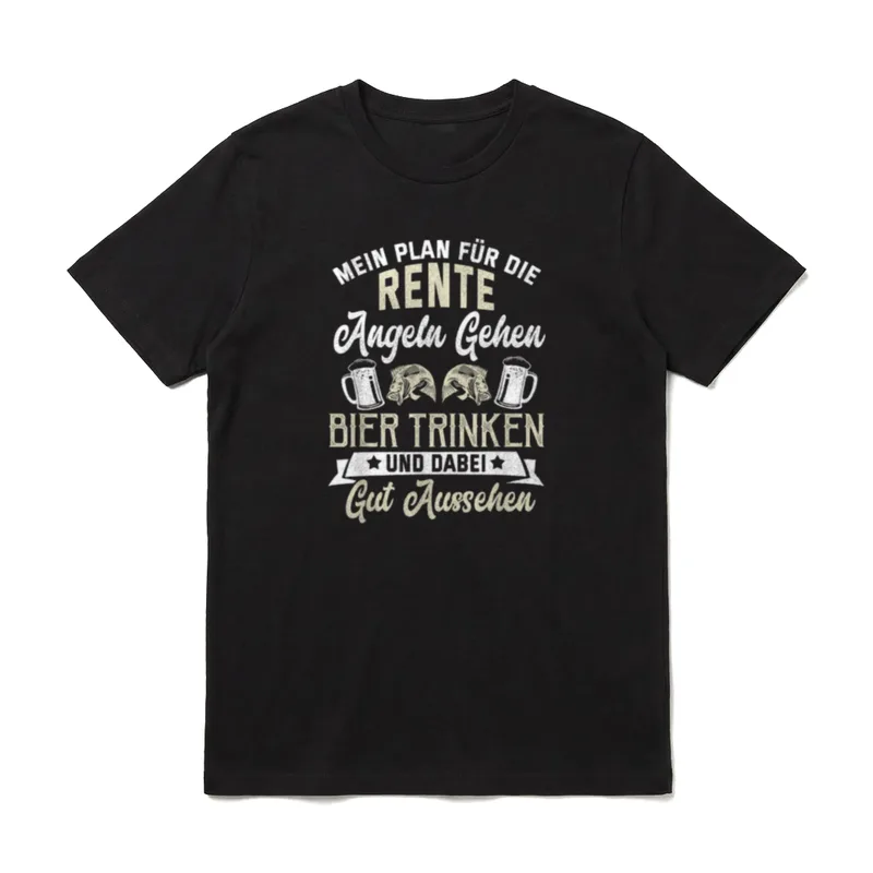 Rentner Angler und Bier T-Shirt – Spruch Mein Plan für die Rente mit Fisch und Bierkrug – Klassisches T-Shirt in Schwarz