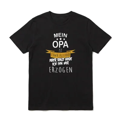 Mein Opa ist schwer T-Shirt – Opa Spruch auf gelbem Banner mit Sternen und weißer Schrift – Klassisches T-Shirt in Schwarz