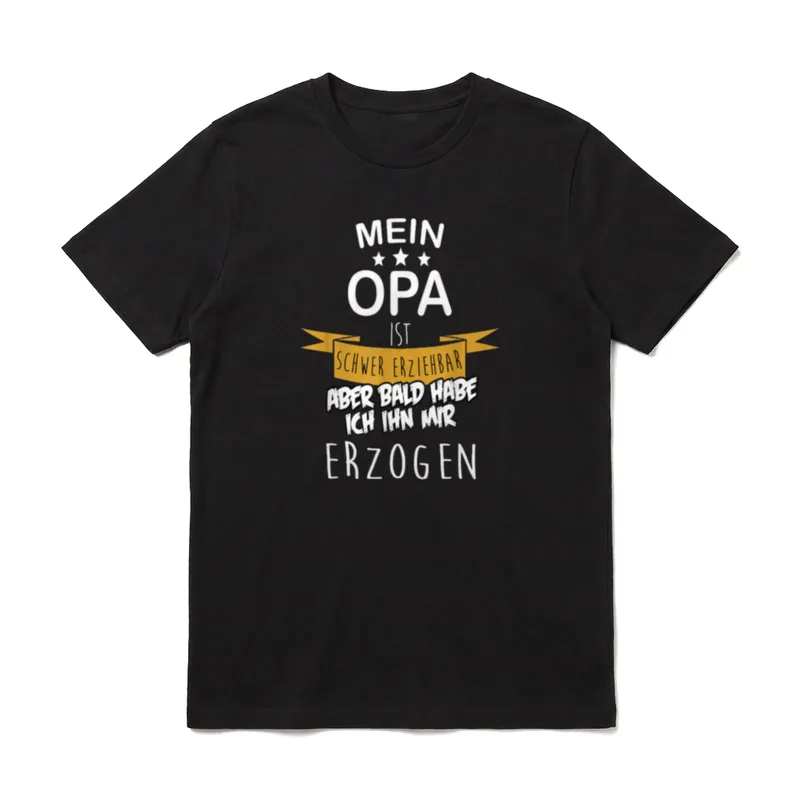 Mein Opa ist schwer T-Shirt – Opa Spruch auf gelbem Banner mit Sternen und weißer Schrift – Klassisches T-Shirt in Schwarz