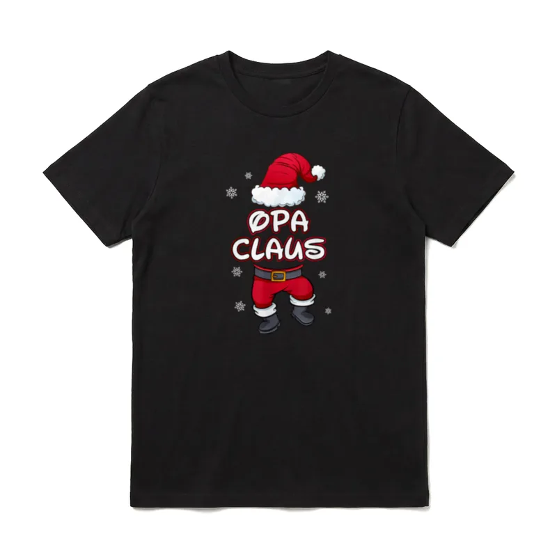Lustiges Weihnachts Shirt Damen – OPA CLAUS Text mit Santa-Hut, roter Hose und Schneeflocken – Klassisches T-Shirt in Schwarz