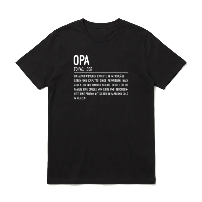 Opa Definition Süßes T-Shirt – Schriftzug OPA mit Lautschrift und Definitionstext in Weiß – Klassisches T-Shirt in Schwarz