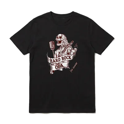 Hard Rock Opa T-Shirt – Skelett Gitarrist mit Mikrofon und Bandbanner Hard Rock Opa – Klassisches T-Shirt in Schwarz