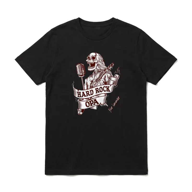 Hard Rock Opa T-Shirt – Skelett Gitarrist mit Mikrofon und Bandbanner Hard Rock Opa – Klassisches T-Shirt in Schwarz