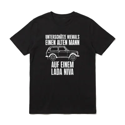 Lada Niva 4x4 Offroad T-Shirt – Weißer Lada Niva Skizze mit Text über alten Mann – Klassisches T-Shirt in Schwarz