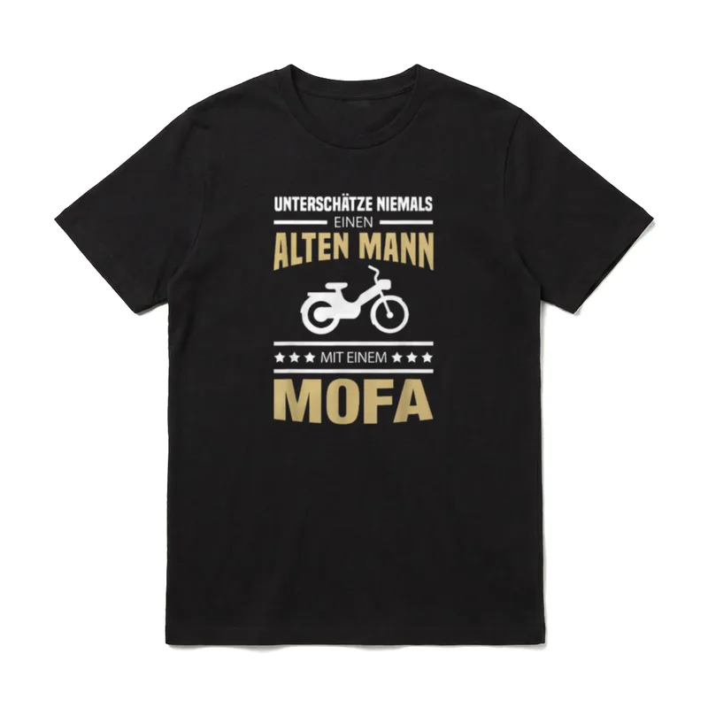 Alter Mann Mofa Opa T-Shirt – Spruch über alten Mann mit Mofa, Mofa-Silhouette, Sterne – Klassisches T-Shirt in Schwarz