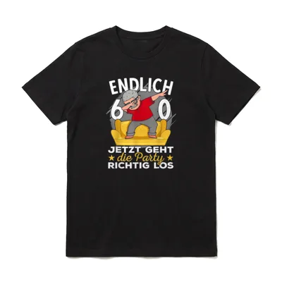T-Shirt zum 60 Geburtstag Frau – Dabbender Opa auf Couch, Spruch „Endlich 60“ – Klassisches T-Shirt in Schwarz