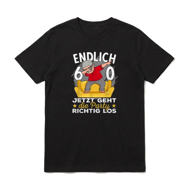 T-Shirt zum 60 Geburtstag Frau – Dabbender Opa auf Couch, Spruch „Endlich 60“ – Klassisches T-Shirt in Schwarz