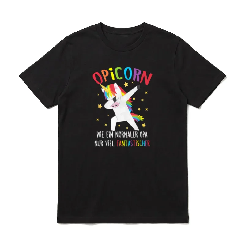 Opa Einhorn Großvater Opicorn T-Shirt – Dabbendes Regenbogen-Einhorn mit Schriftzug Opicorn – Klassisches T-Shirt in Schwarz