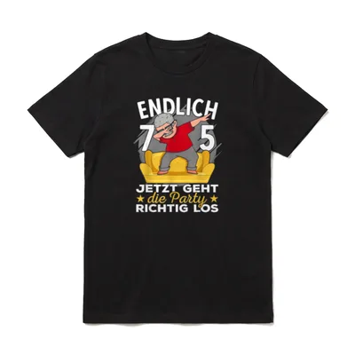 75er Geburtstag Mann lustig T-Shirt – Tanzender Opa auf Couch, Spruch „Endlich 75“ – Klassisches T-Shirt in Schwarz