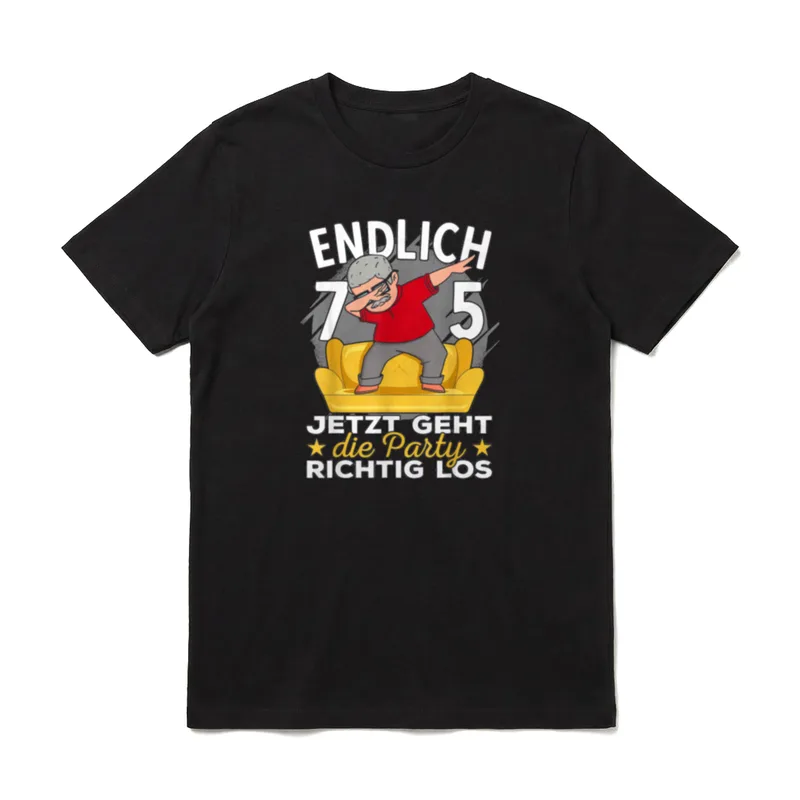 75er Geburtstag Mann lustig T-Shirt – Tanzender Opa auf Couch, Spruch „Endlich 75“ – Klassisches T-Shirt in Schwarz