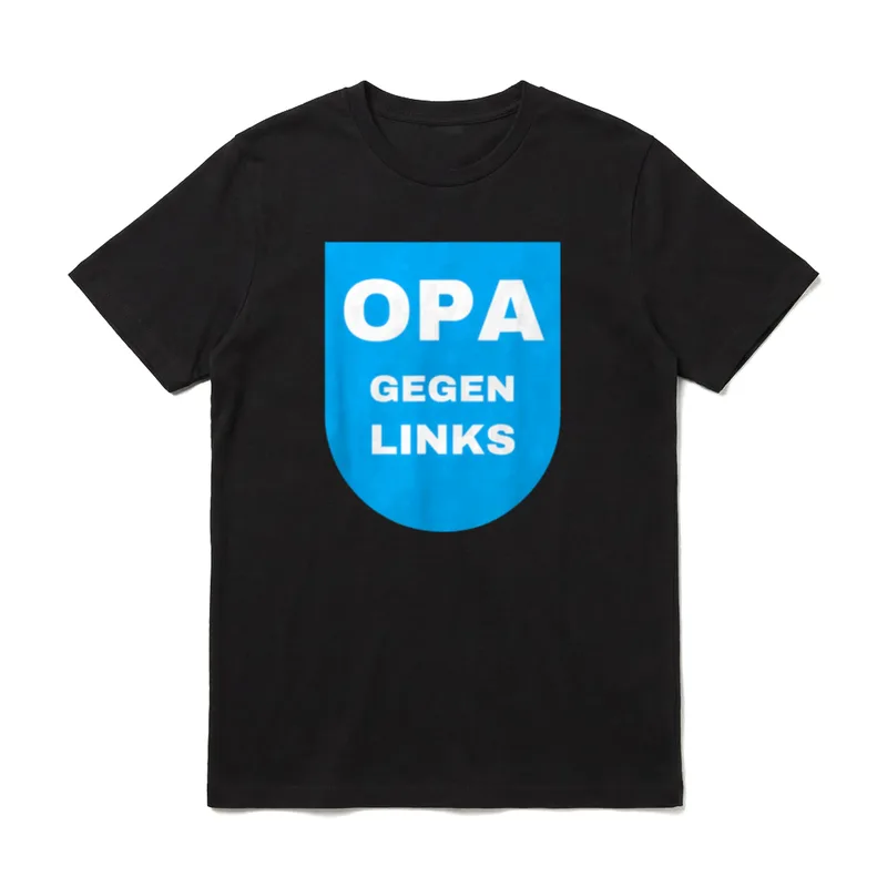 Witzige Ampel und Grüne T-Shirt – Blauer Schildaufdruck mit weißem Text OPA GEGEN LINKS – Klassisches T-Shirt in Schwarz