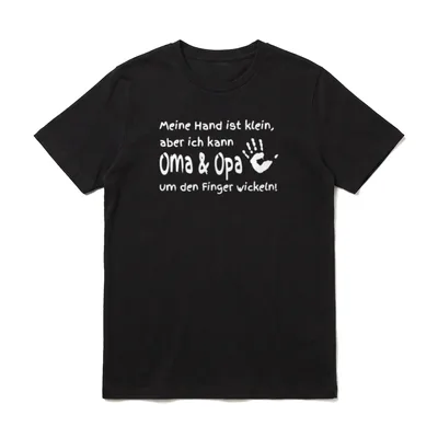 Meine Hand Ist Klein T-Shirt – Weißer Handschablonen-Abdruck mit Spruch über Oma und Opa – Klassisches T-Shirt in Schwarz