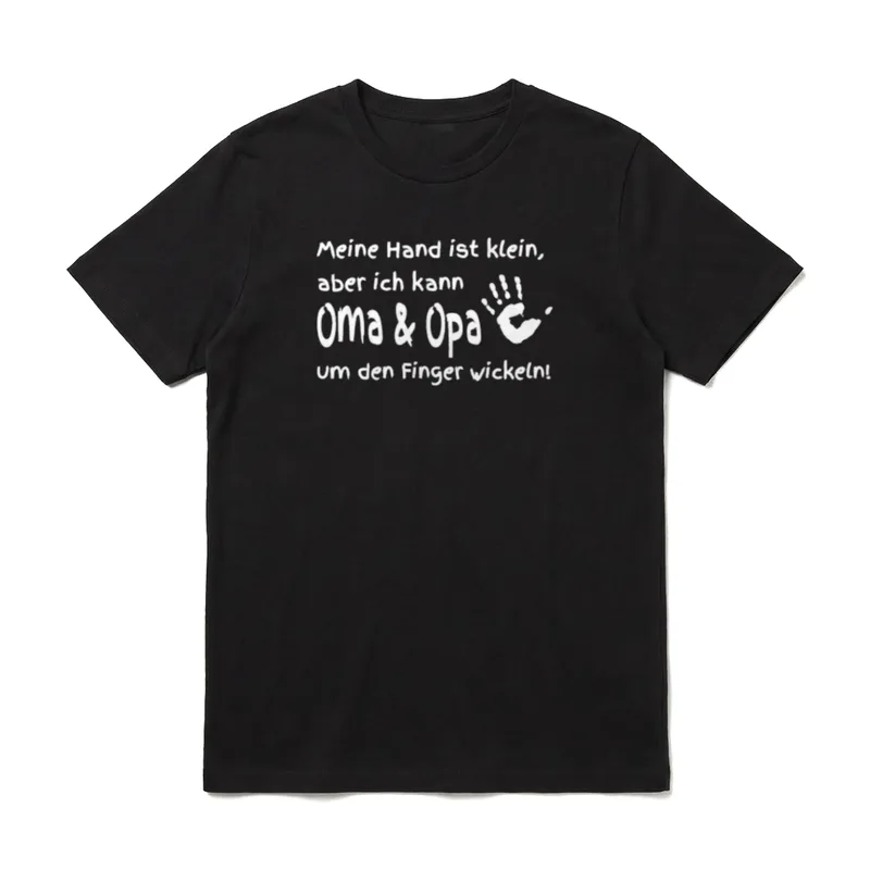 Meine Hand Ist Klein T-Shirt – Weißer Handschablonen-Abdruck mit Spruch über Oma und Opa – Klassisches T-Shirt in Schwarz