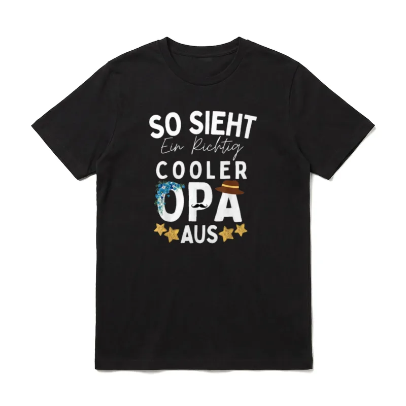 So sieht Ein Richtig T-Shirt – Schriftzug mit Hut, Schnurrbart, Blumen und Sternen – Klassisches T-Shirt in Schwarz