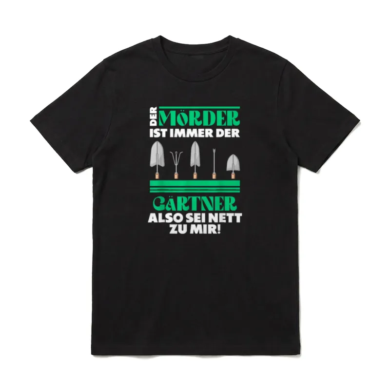 T-Shirt Sprüche Garten – Grüne und weiße Schrift über fünf gezeichneten Spaten – Klassisches T-Shirt in Schwarz