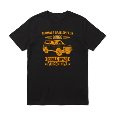 Lada Niva 4x4 Offroad T-Shirt – Oranger Geländewagen mit Blockschrift-Spruch über Opas – Klassisches T-Shirt in Schwarz