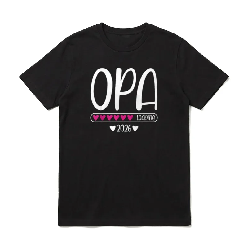 Werdender Opa Nachwuchs Baby T-Shirt – OPA Loading 2026 mit pinken Herzen und weißer Schrift – Klassisches T-Shirt in Schwarz