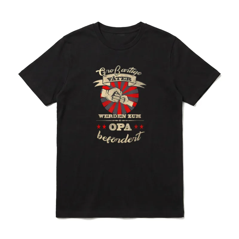 Großartige Väter werden T-Shirt – Faustgruß im Strahlenkreis, Schriftzug Opa befördert – Klassisches T-Shirt in Schwarz