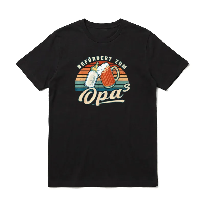 Befördert Zum Opa 3 T-Shirt – Retro-Druck mit Babyflasche und Bierkrug vor Sonnenuntergang – Klassisches T-Shirt in Schwarz