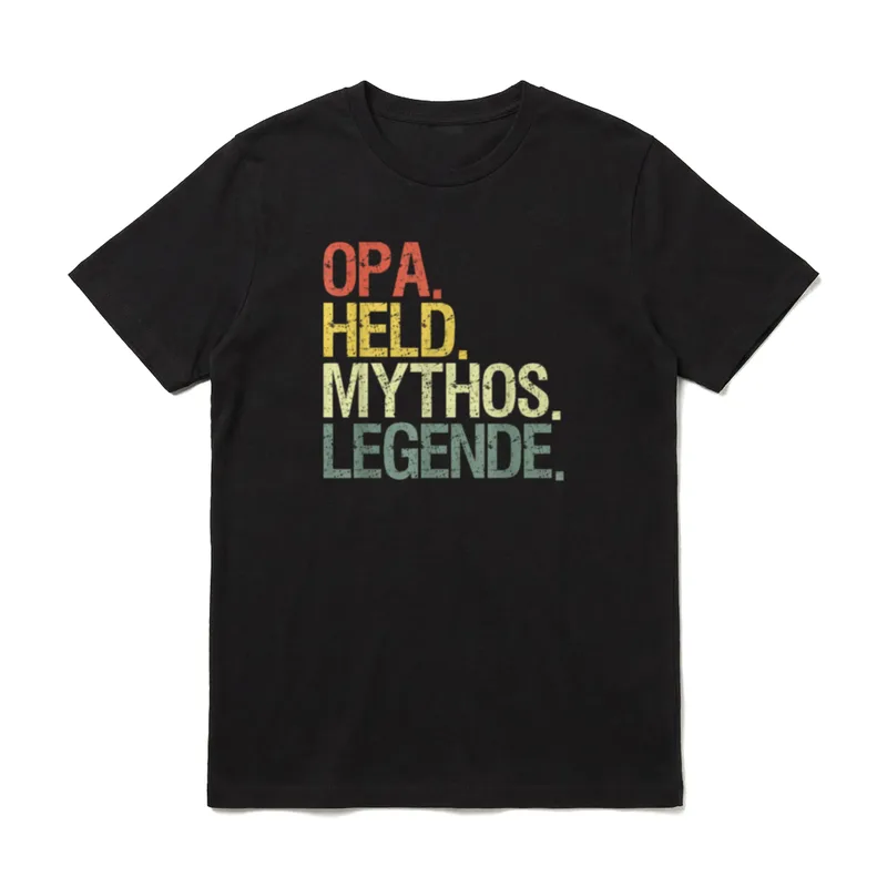 Opa Held T-Shirt – Schriftzug „Opa. Held. Mythos. Legende.“ in Rot, Gelb, Creme, Grün – Klassisches T-Shirt in Schwarz
