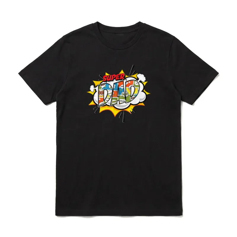 Super Dad Comic T-Shirt – SUPER DAD Comic-Motiv mit bunten Soundeffekten in Sprechblase – Klassisches T-Shirt in Schwarz