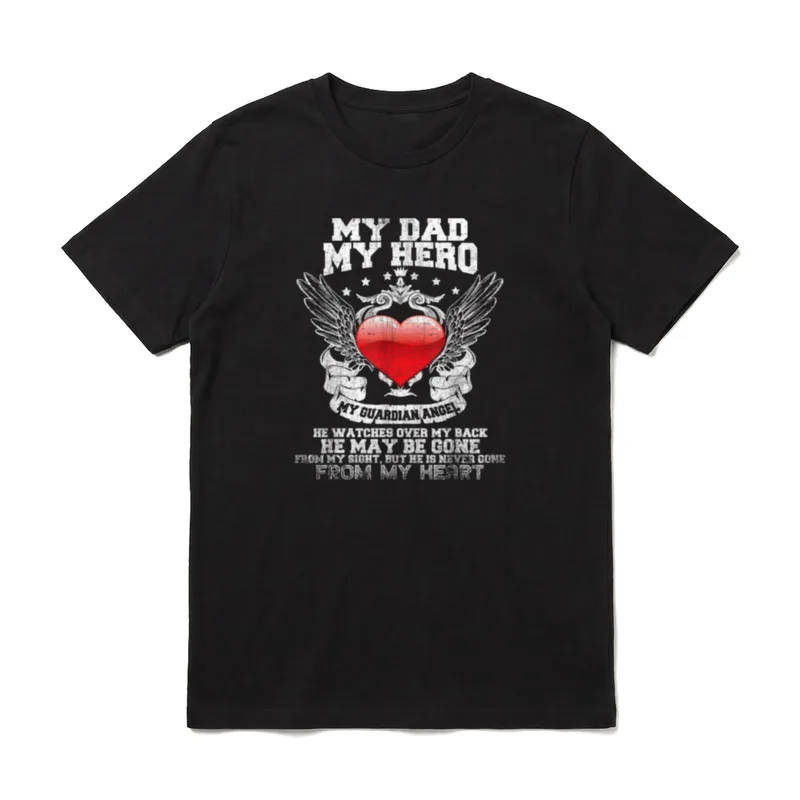 Papa Schutzengel Held Vatertag T-Shirt – My Dad My Hero flügelndes rotes Herz Engelshülsen Text – Klassisches T-Shirt in Schwarz