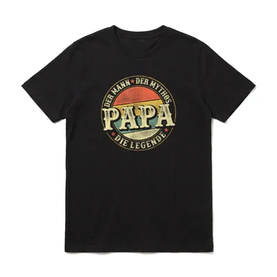 Vintage Papa Der Mann T-Shirt – Rundes Vintage Logo mit PAPA und Retro Farbstreifen – Klassisches T-Shirt in Schwarz