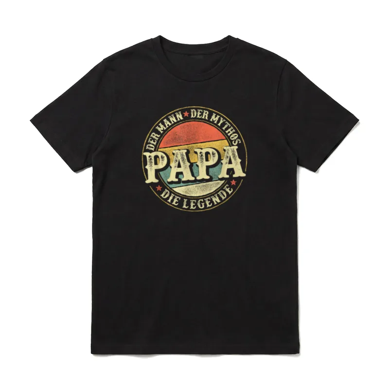 Vintage Papa Der Mann T-Shirt – Rundes Vintage Logo mit PAPA und Retro Farbstreifen – Klassisches T-Shirt in Schwarz