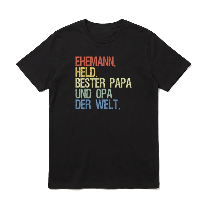 Opa und Papa Bester T-Shirt – Schriftzug „Ehemann. Held. Bester Papa und Opa der Welt.“ – Klassisches T-Shirt in Schwarz