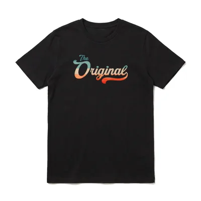 Vater Sohn Partnerlook The T-Shirt – Retro-Schriftzug The Original in Blau-Orange Gradient – Klassisches T-Shirt in Schwarz