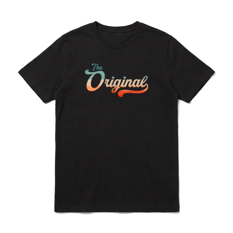 Vater Sohn Partnerlook The T-Shirt – Retro-Schriftzug The Original in Blau-Orange Gradient – Klassisches T-Shirt in Schwarz